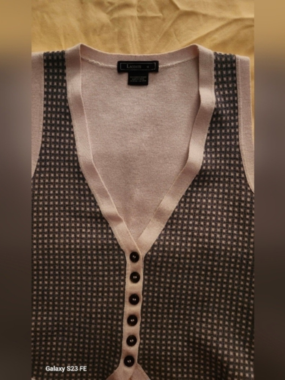 Lacoste Beige Trimmed Charcoal Patterned V-Neck Vest